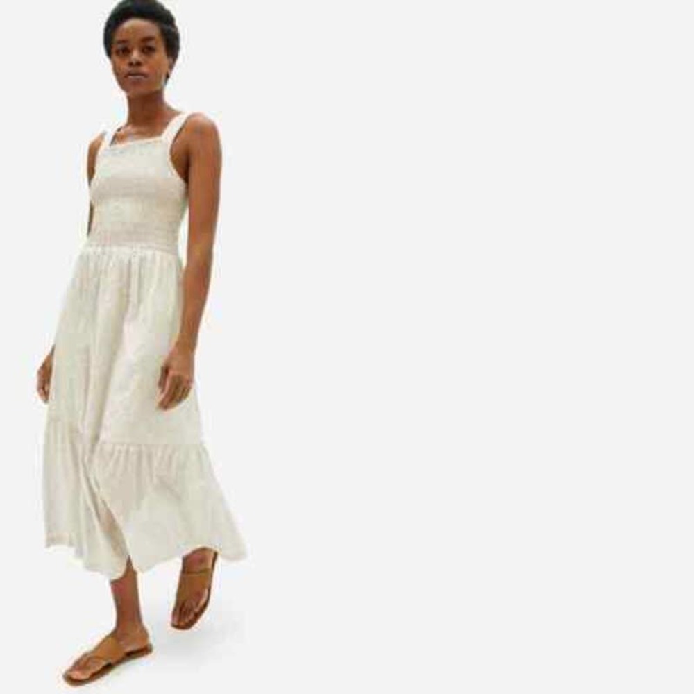 Everlane Women's Floral Smocked Midi Tank Dress Sleeveless Beige Size 10